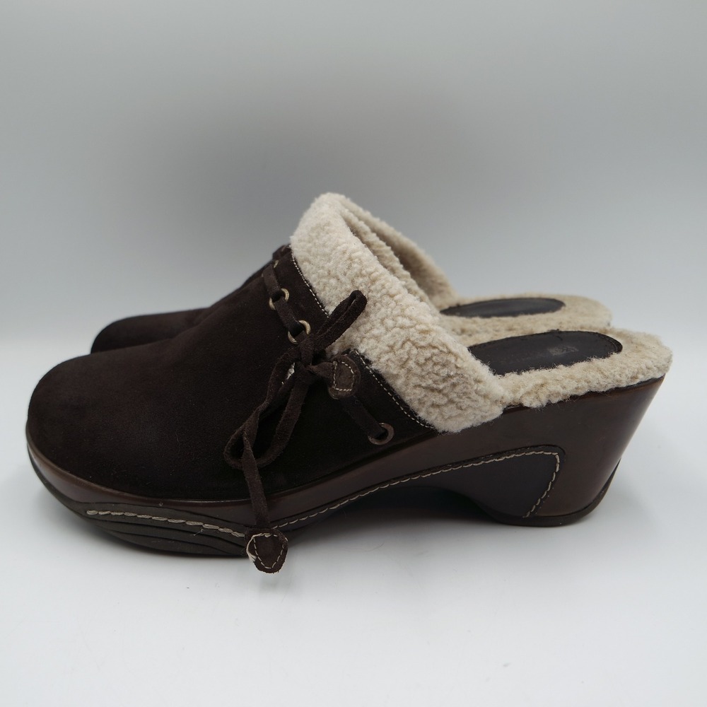 Vintage White Mountain Brown Suede Shearling Lined Wedge Clog Mules Womens 8